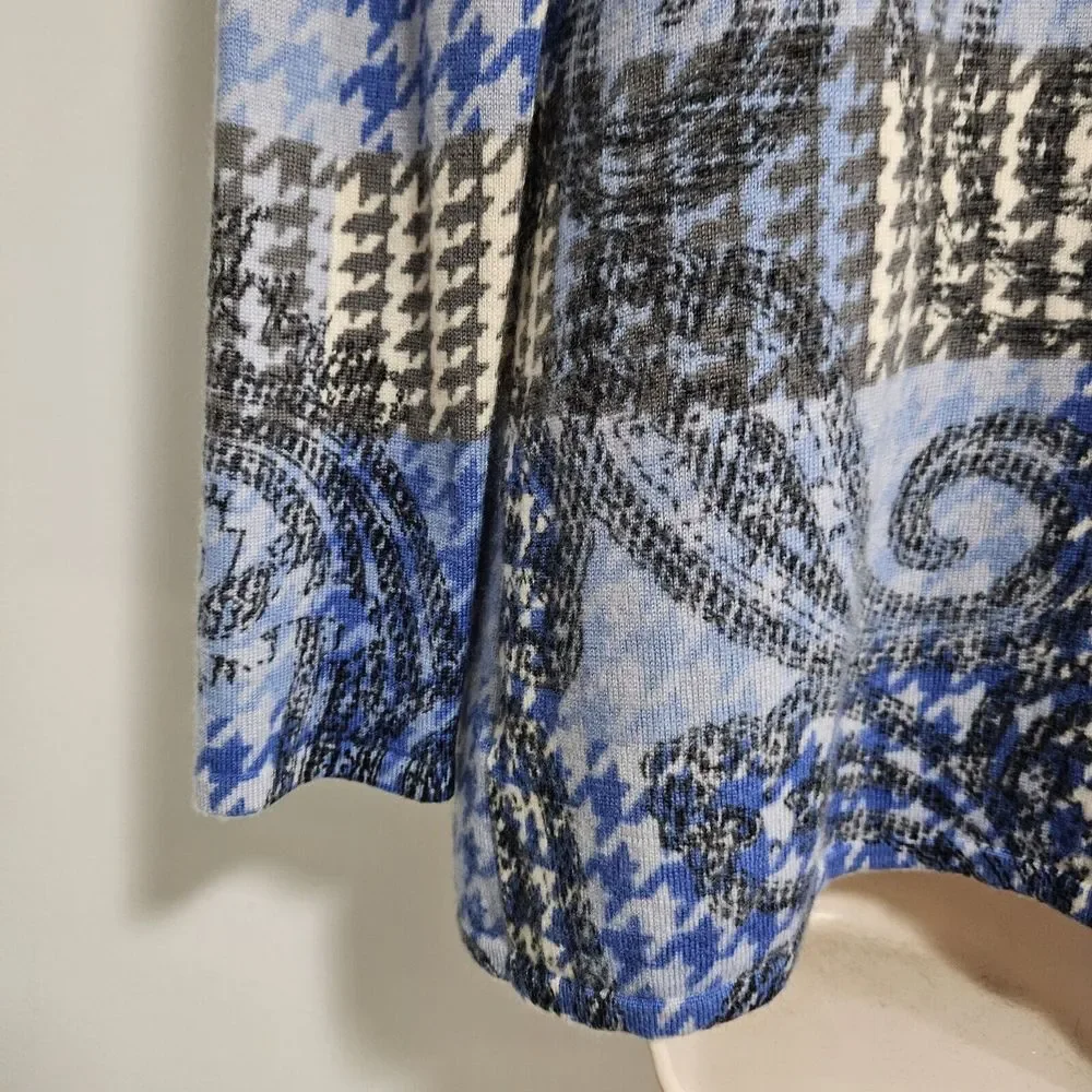 Talbots Petite Medium PM‎ Blue Multi Merino Wool Houndstooth Cardigan Sweater - Picture 6 of 8